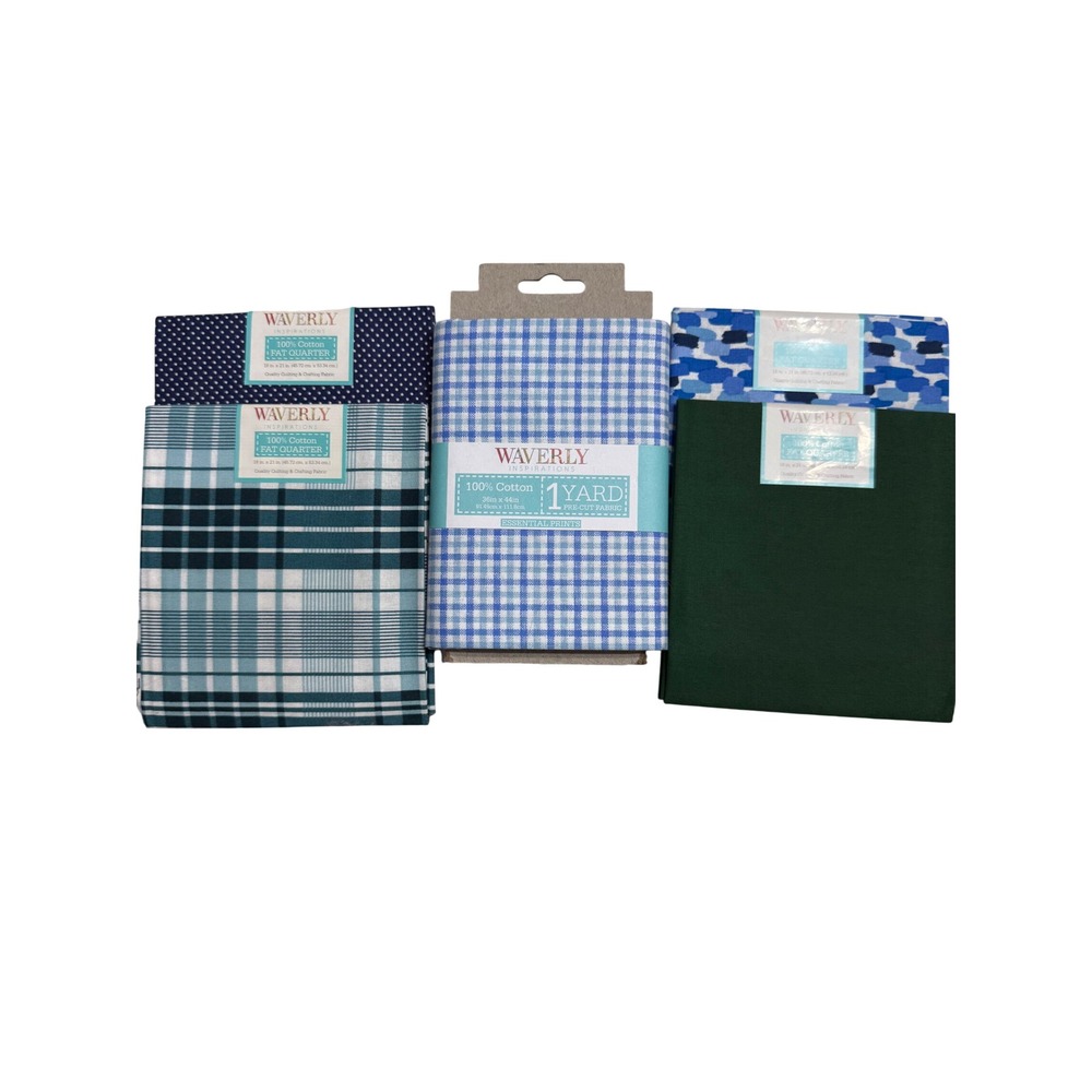 Waverly NEW Fabric Bundle Blue/Green Cotton Plaid Gingham 5pc Set Quilting Craft